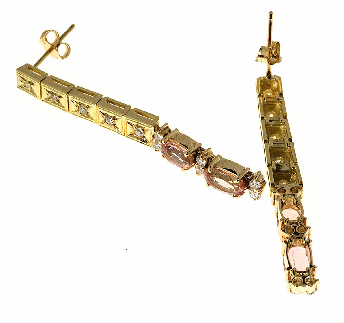 Vintage 18k Gold 1 3/4 Inch Precious Pink Precious Topaz Diamond Dangle Earrings – image 6