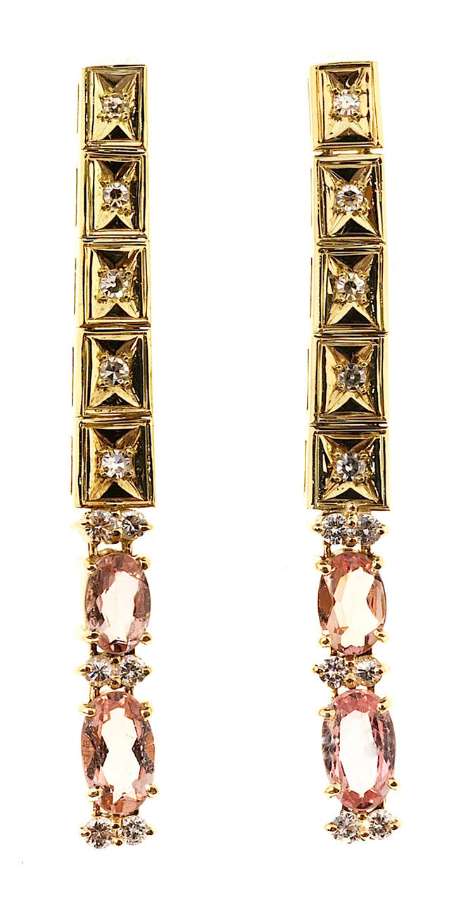 Vintage 18k Gold 1 3/4 Inch Precious Pink Precious Topaz Diamond Dangle Earrings – image 2