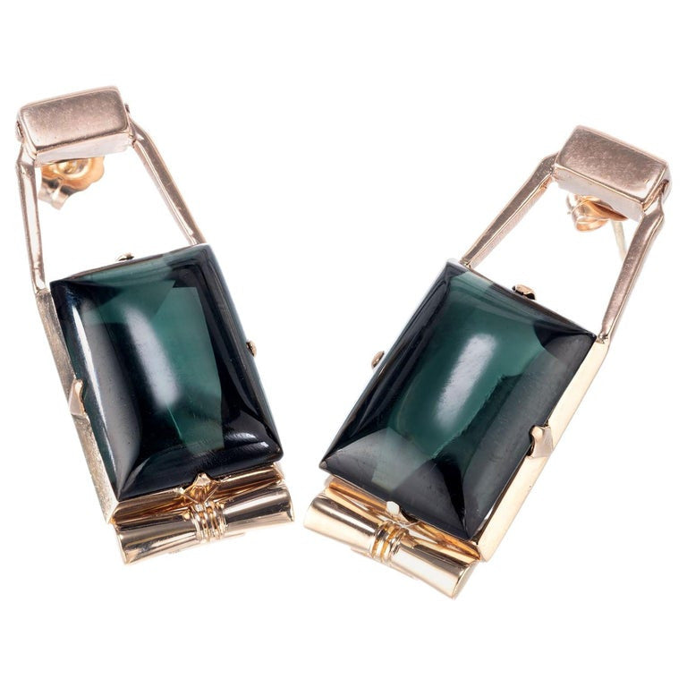 Art Deco Retro 24 Carat Emerald Cut Cabochon Green Tourmaline Dangle Earrings