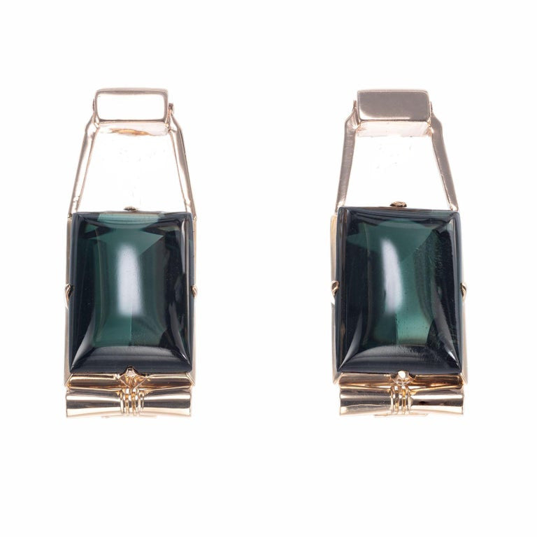 Art Deco Retro 24 Carat Emerald Cut Cabochon Green Tourmaline Dangle Earrings – image 2
