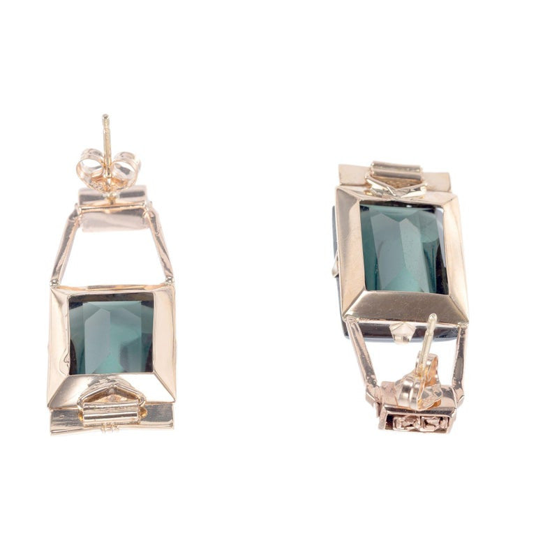 Art Deco Retro 24 Carat Emerald Cut Cabochon Green Tourmaline Dangle Earrings – image 3
