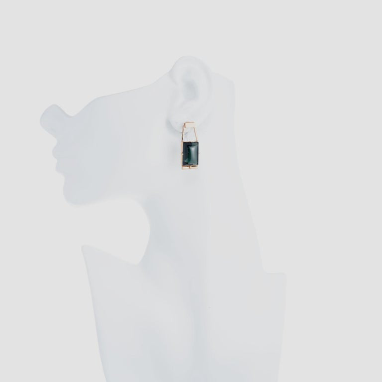 Art Deco Retro 24 Carat Emerald Cut Cabochon Green Tourmaline Dangle Earrings – image 4