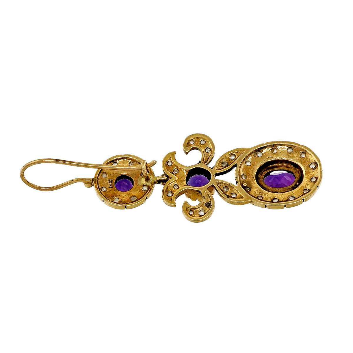 Victorian Estate 1900 Amethyst Natural Pearl Pendant Dangle Earrings 14k Yellow Gold – image 5