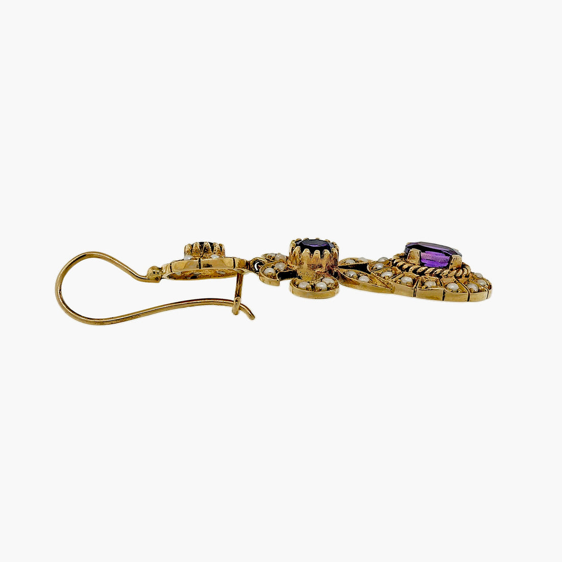 Victorian Estate 1900 Amethyst Natural Pearl Pendant Dangle Earrings 14k Yellow Gold – image 3