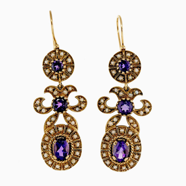 Victorian Estate 1900 Amethyst Natural Pearl Pendant Dangle Earrings 14k Yellow Gold