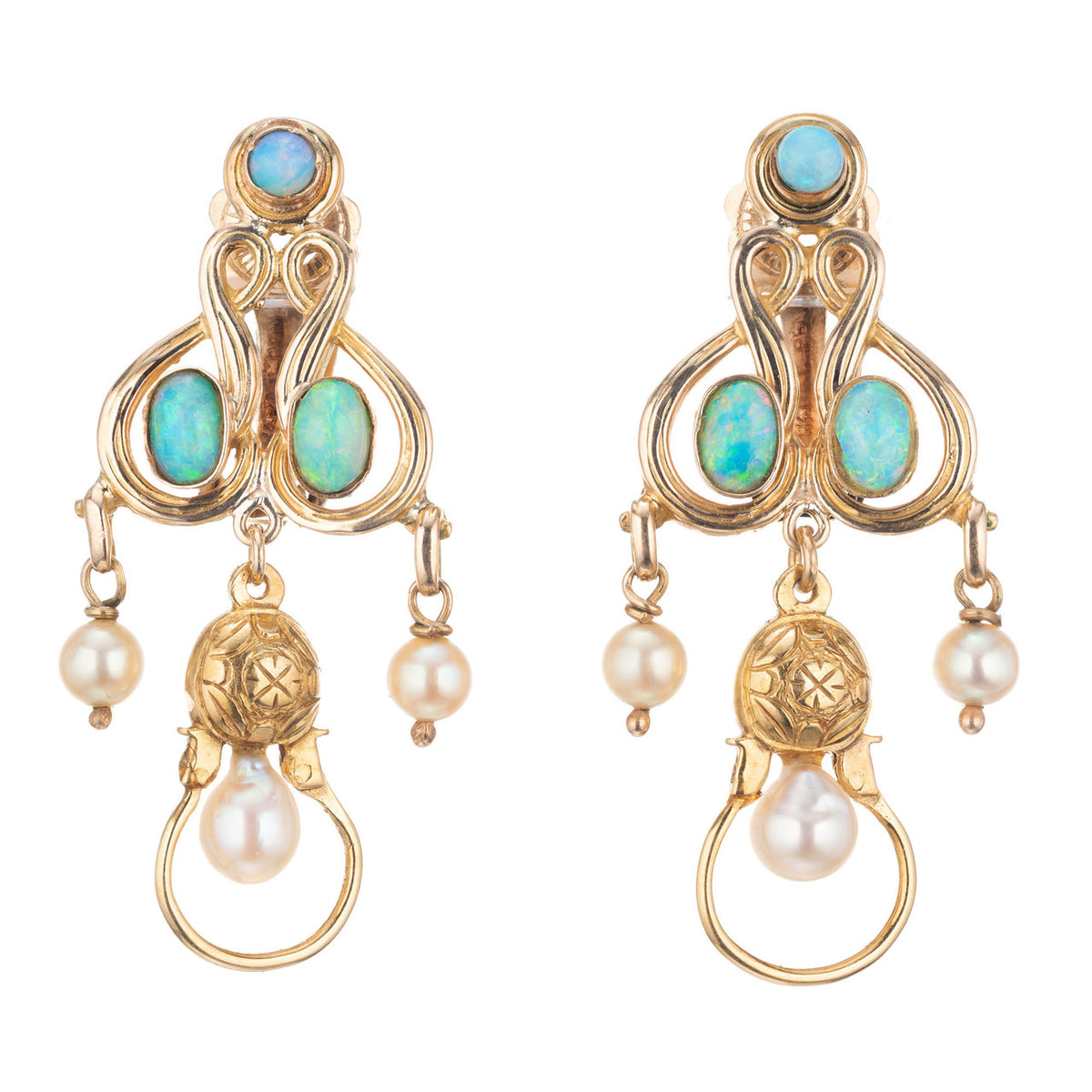 1960s Opal Cultured Pearl Yellow Gold Clip Post Dangle Chandelier Earrings