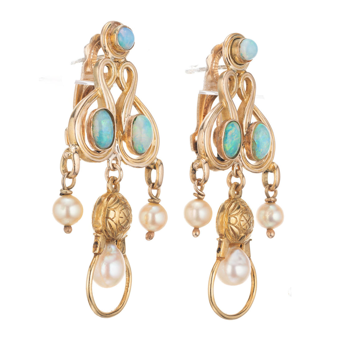 1960s Opal Cultured Pearl Yellow Gold Clip Post Dangle Chandelier Earrings – image 2