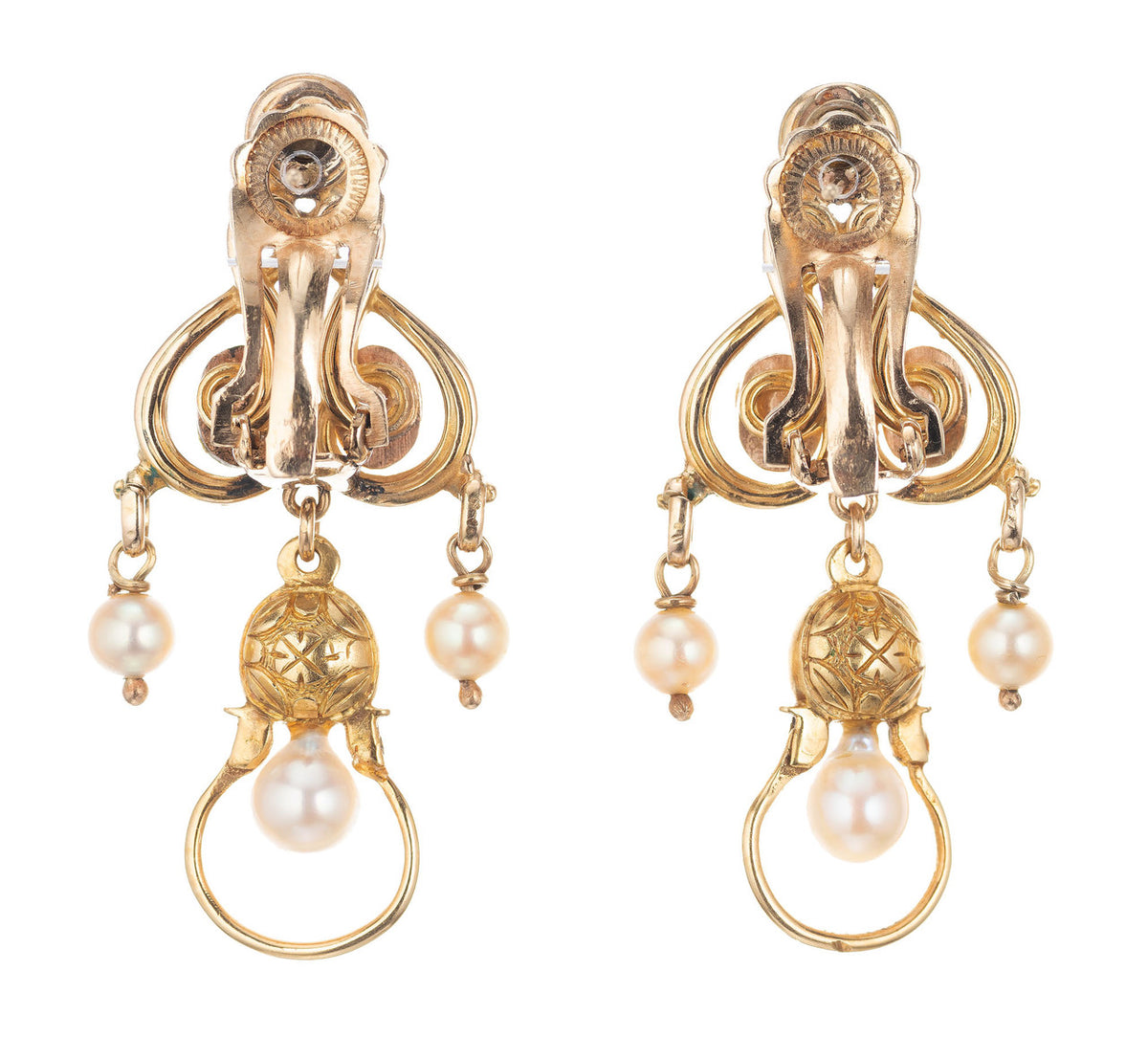 1960s Opal Cultured Pearl Yellow Gold Clip Post Dangle Chandelier Earrings – image 3