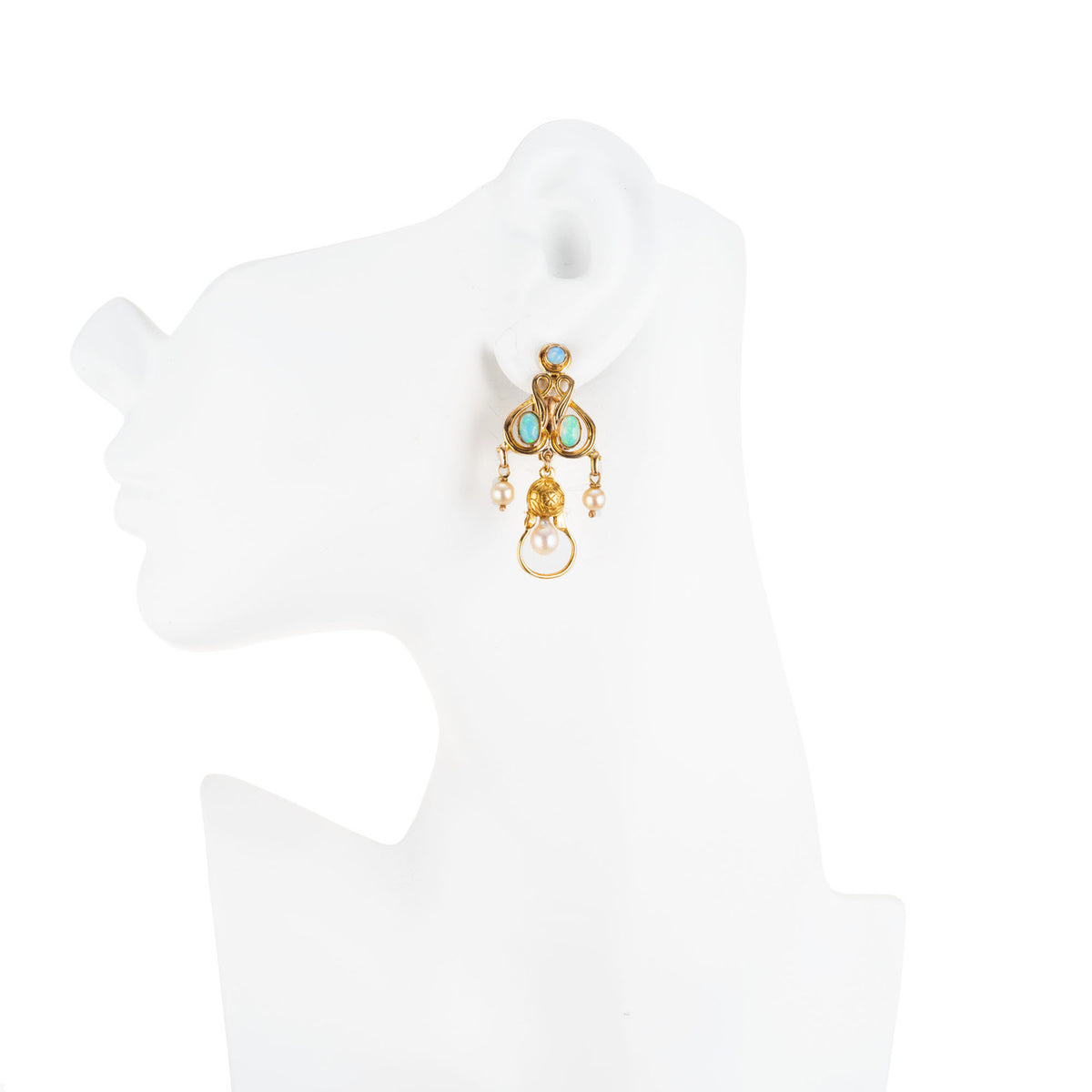 1960s Opal Cultured Pearl Yellow Gold Clip Post Dangle Chandelier Earrings – image 5