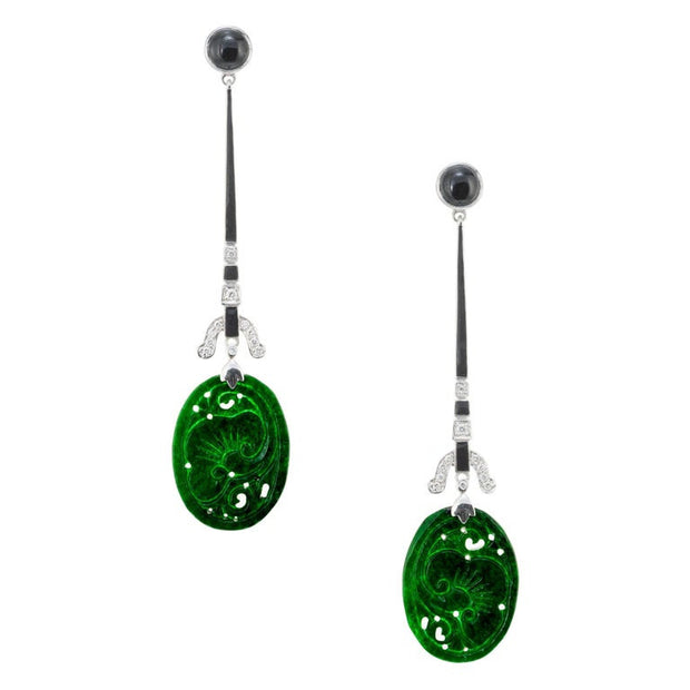 .30 Carat Diamond Carved Jadeite Jade Onyx White Gold Dangle Drop Earrings