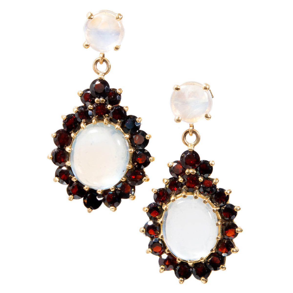 Moonstone Garnet Halo Gold Dangle Earrings