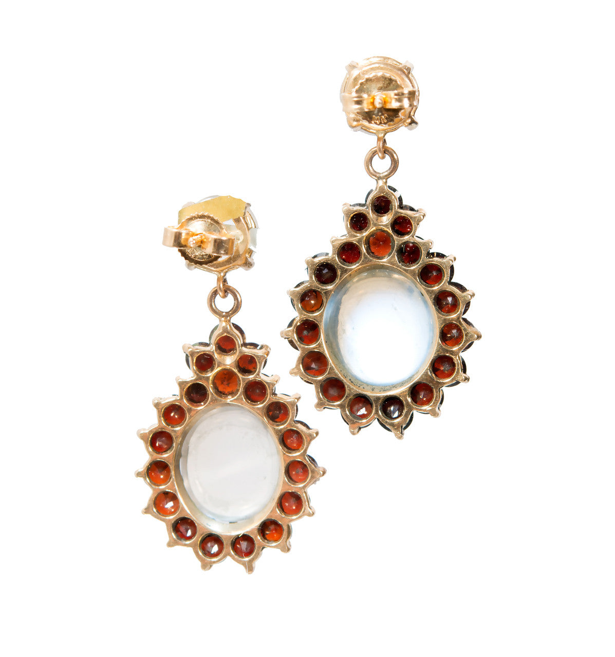 Moonstone Garnet Halo Gold Dangle Earrings – image 5