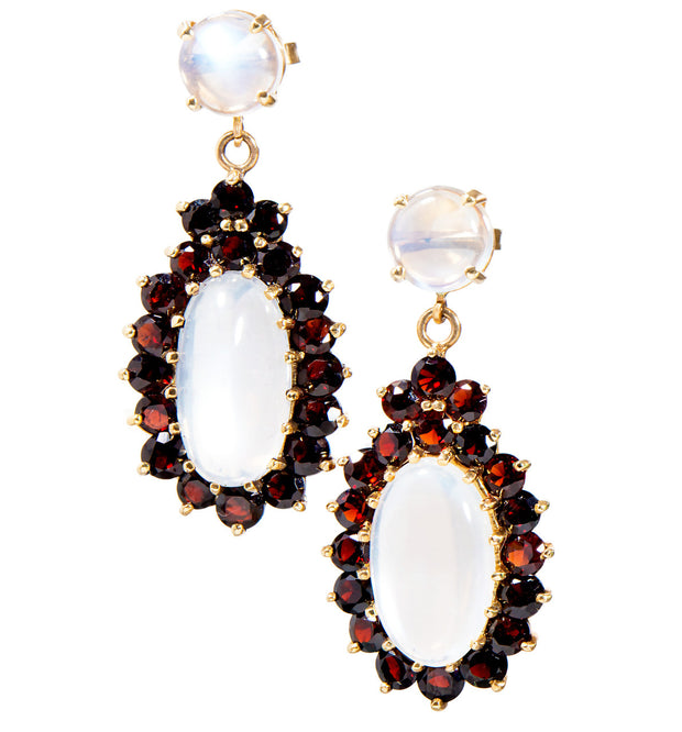 Garnet Blue Oval Moonstone Gold Dangle Earrings