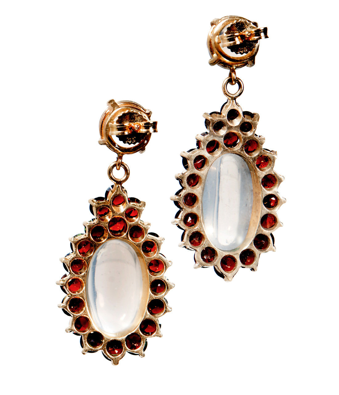 Garnet Blue Oval Moonstone Gold Dangle Earrings – image 5