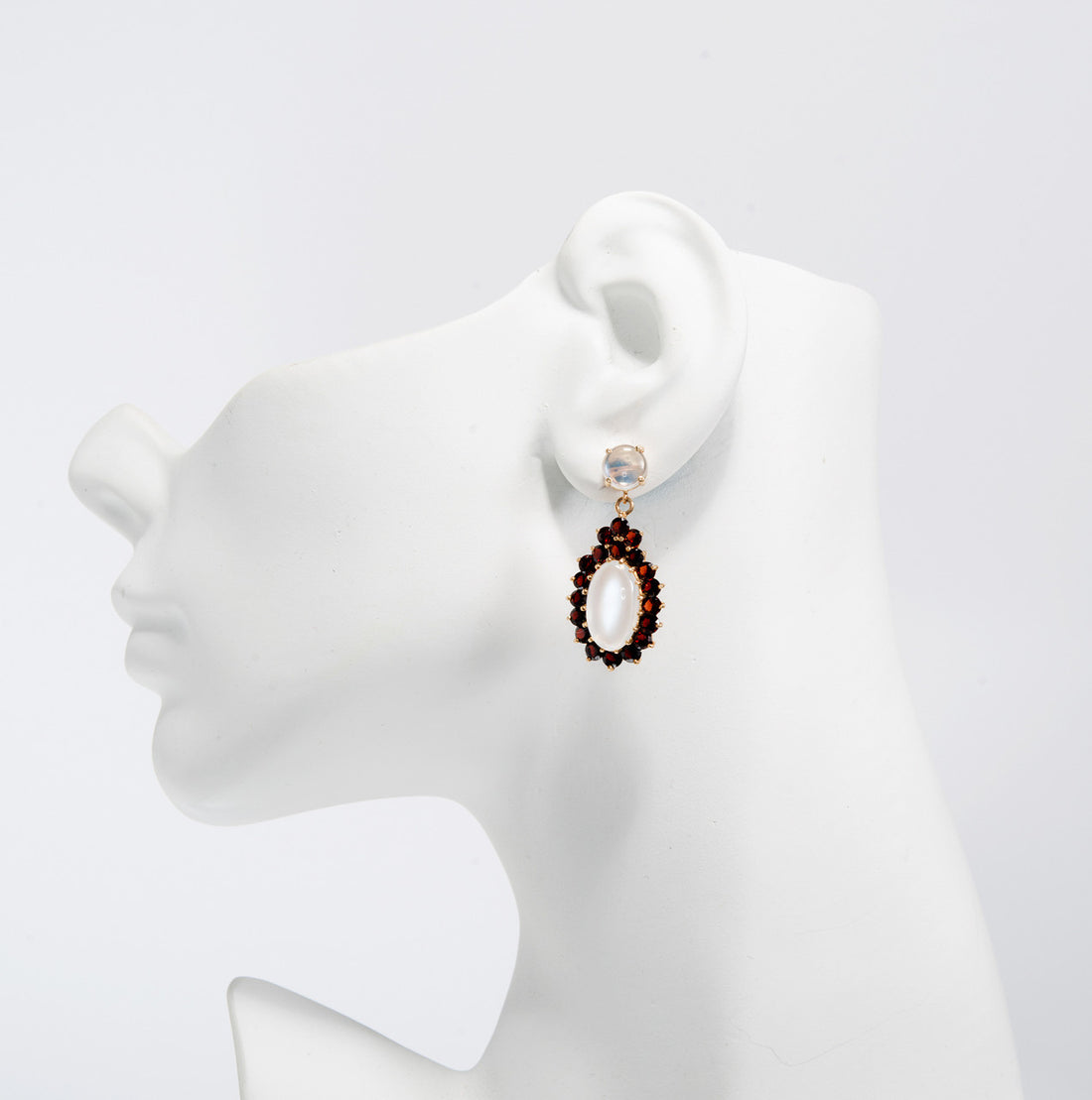 Garnet Blue Oval Moonstone Gold Dangle Earrings – image 3