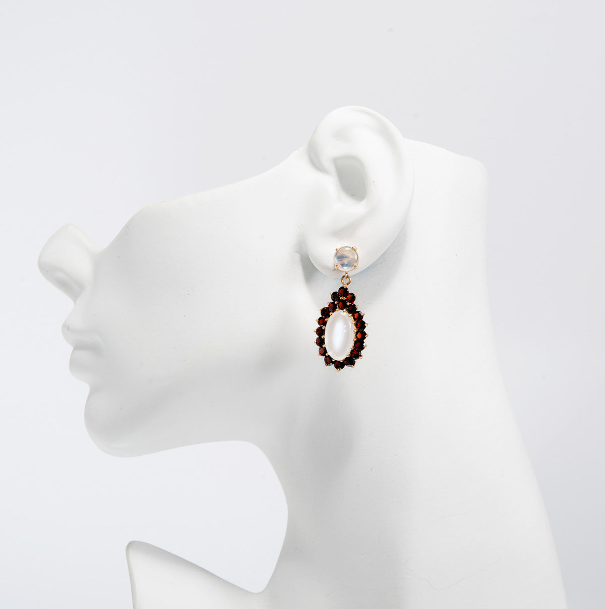 Garnet Blue Oval Moonstone Gold Dangle Earrings – image 3