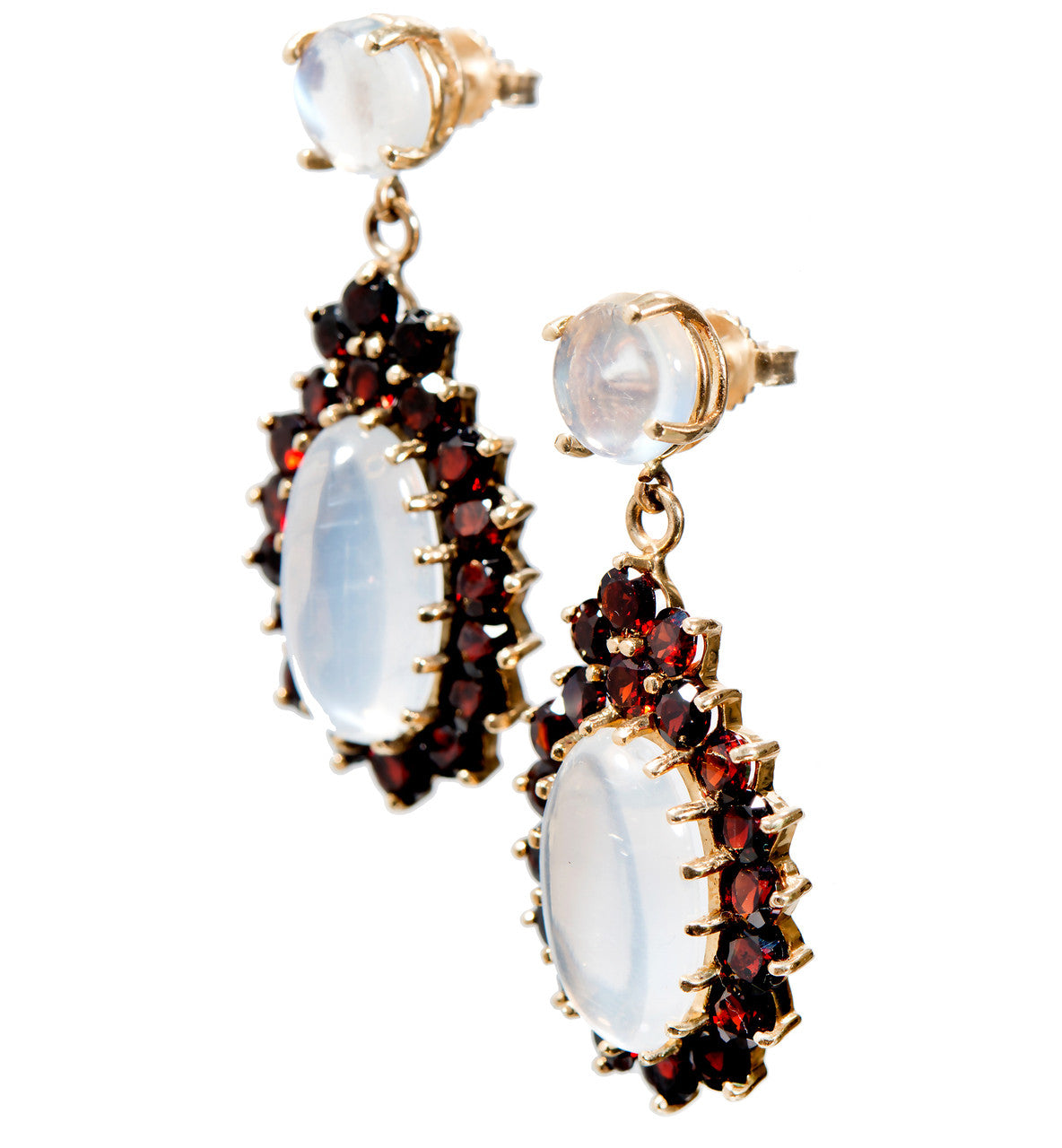 Garnet Blue Oval Moonstone Gold Dangle Earrings – image 2