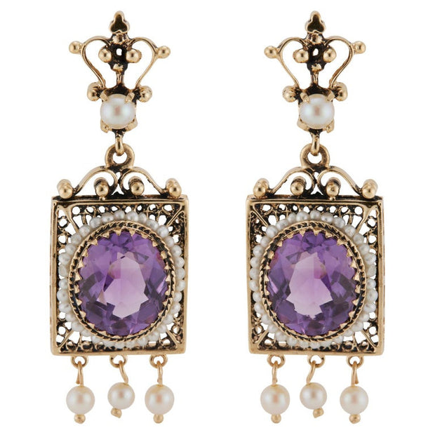 9.00 Carat Amethyst Pearl Yellow Gold Dangle Earrings