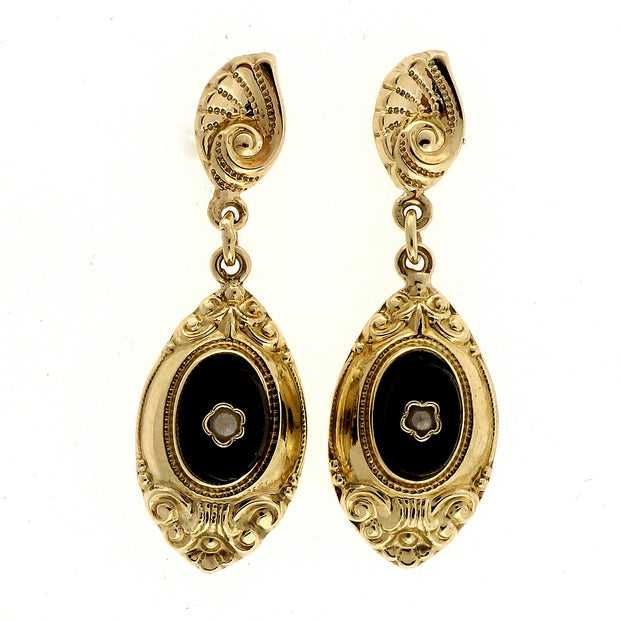 Vintage 1940 Black Onyx Pearl 14k Yellow Gold Dangle Earrings