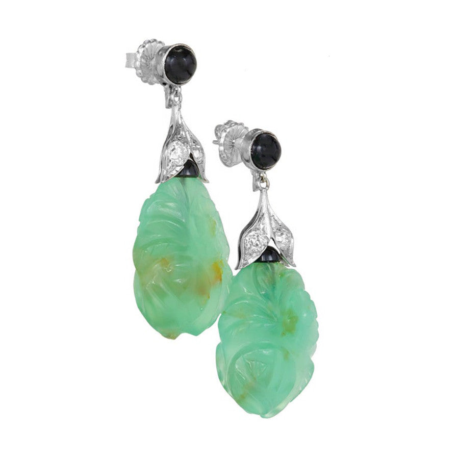 Art Deco Chalcedony Black Onyx Diamond Gold Dangle Earrings – image 2