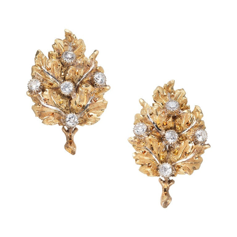 M. Buccellati .72 Carat Diamond Yellow White Gold Leaf Cluster Earrings
