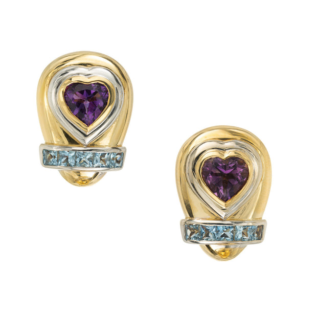 Lilli 10.00 Carat Heart Amethyst Square Aquamarine Clip Post Gold Earrings