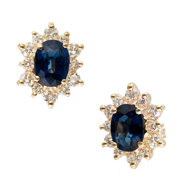 2.00 Carat Blue Oval Sapphire Diamond Halo Stud Earrings