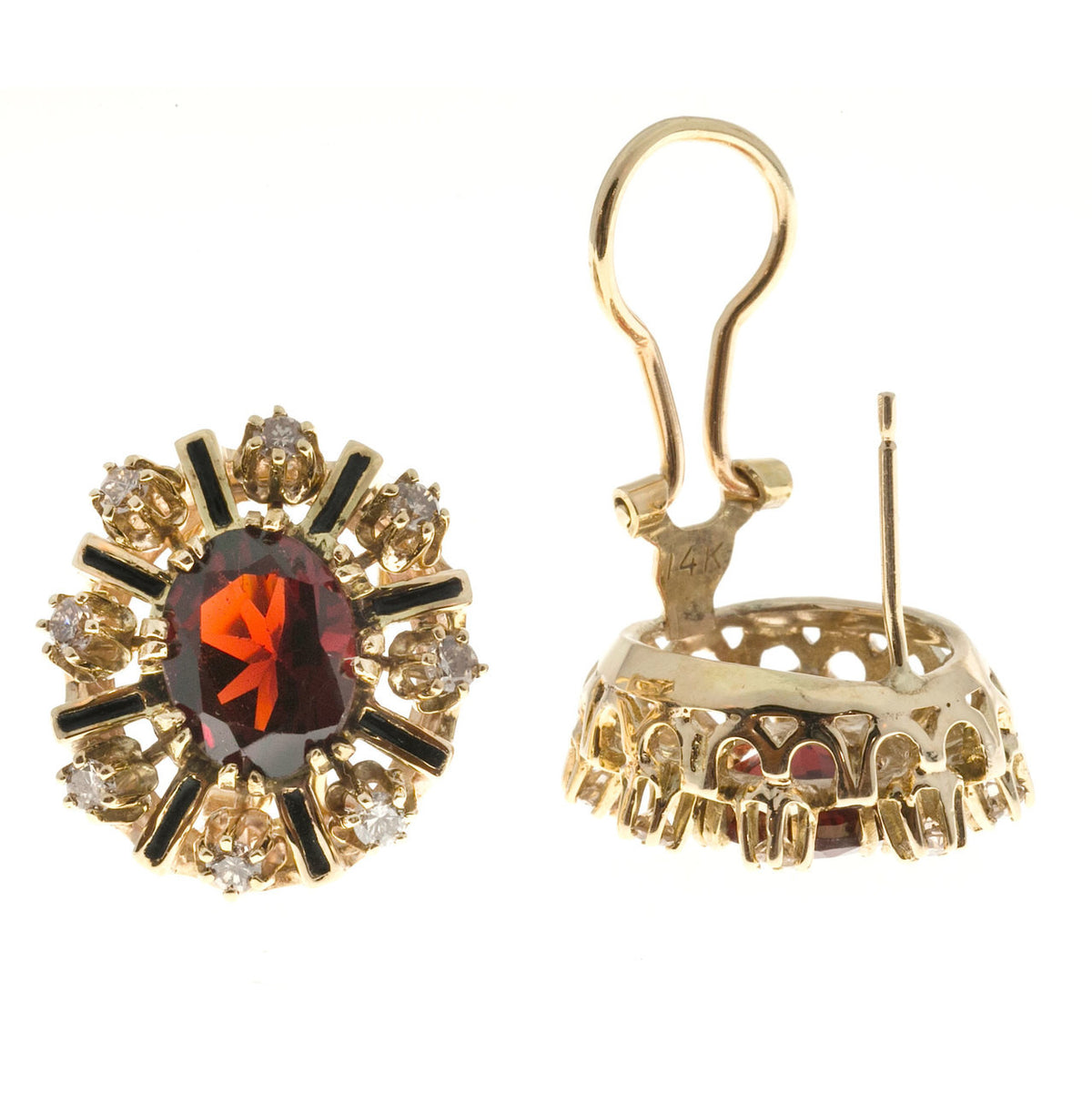 Vintage 4.20ct 14k Gold Reddish Brown Garnet Enamel 1950s Brown Diamond Earrings – image 5
