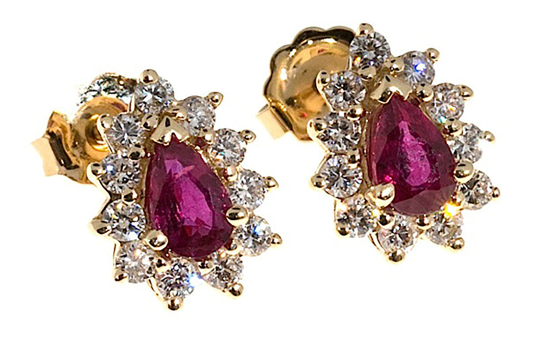 Vintage Gem Pear Blood Red Rubies 1.05ct 14k Gold .40ct Diamond Earrings – image 3