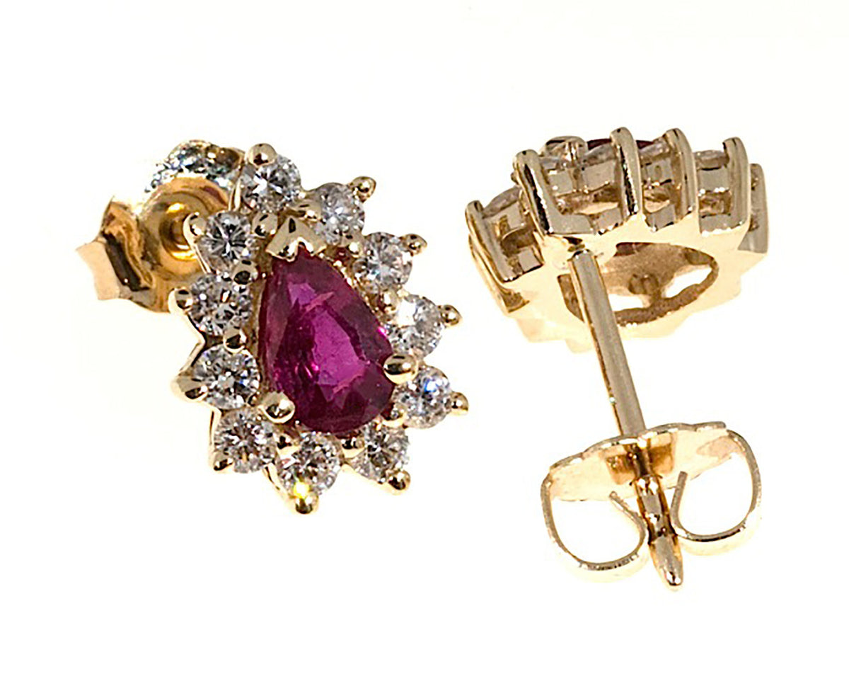 Vintage Gem Pear Blood Red Rubies 1.05ct 14k Gold .40ct Diamond Earrings – image 4