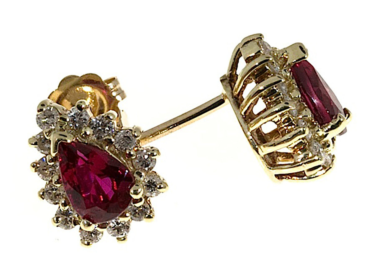 Vintage Gem Pear Blood Red Rubies 1.05ct 14k Gold .40ct Diamond Earrings – image 8