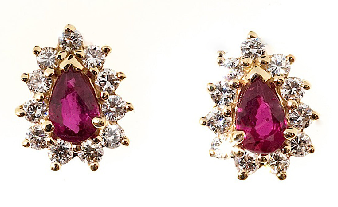 Vintage Gem Pear Blood Red Rubies 1.05ct 14k Gold .40ct Diamond Earrings – image 2