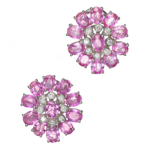 GIA Certified 11.33 Carat Pink Sapphire Diamond White Gold Cluster Earrings