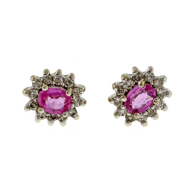 Vintage Pink Sapphire .40ct Diamond 14k White Gold Diamond Cluster Earrings