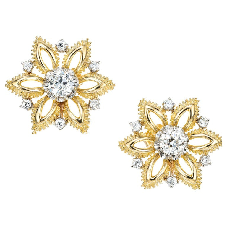 1.36 Carat Diamond Yellow White Gold Snowflake Earrings
