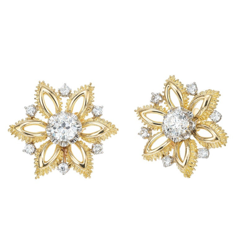 1.36 Carat Diamond Yellow White Gold Snowflake Earrings – image 2