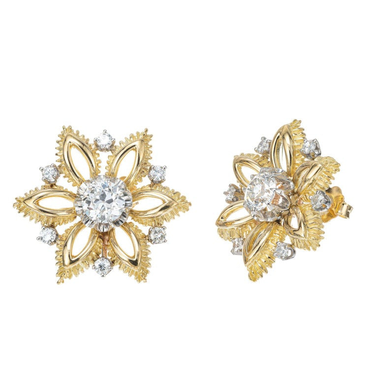 1.36 Carat Diamond Yellow White Gold Snowflake Earrings – image 3