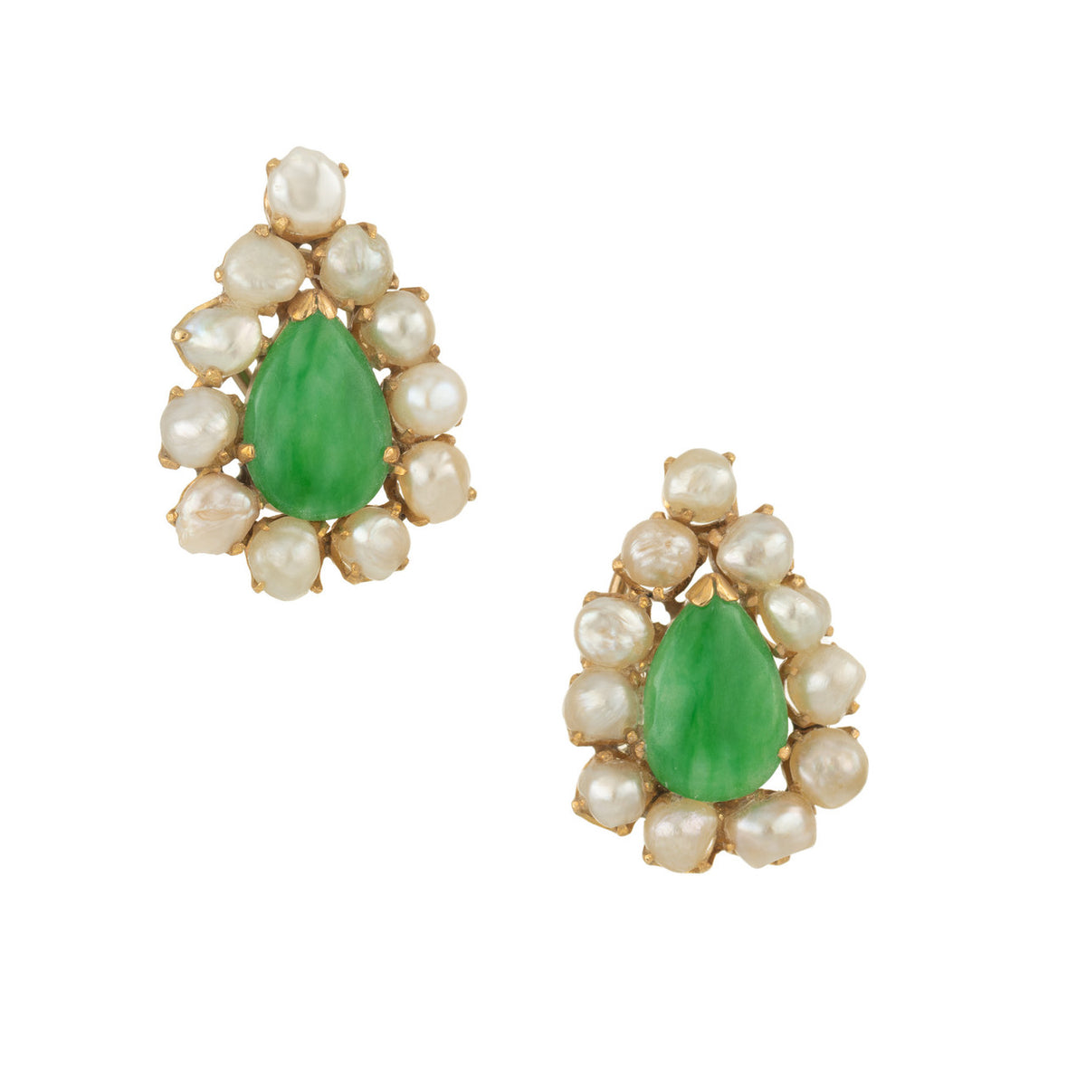 Natural Pear Shaped Jadeite Jade Natural Pearl Gold Clip Post Earrings
