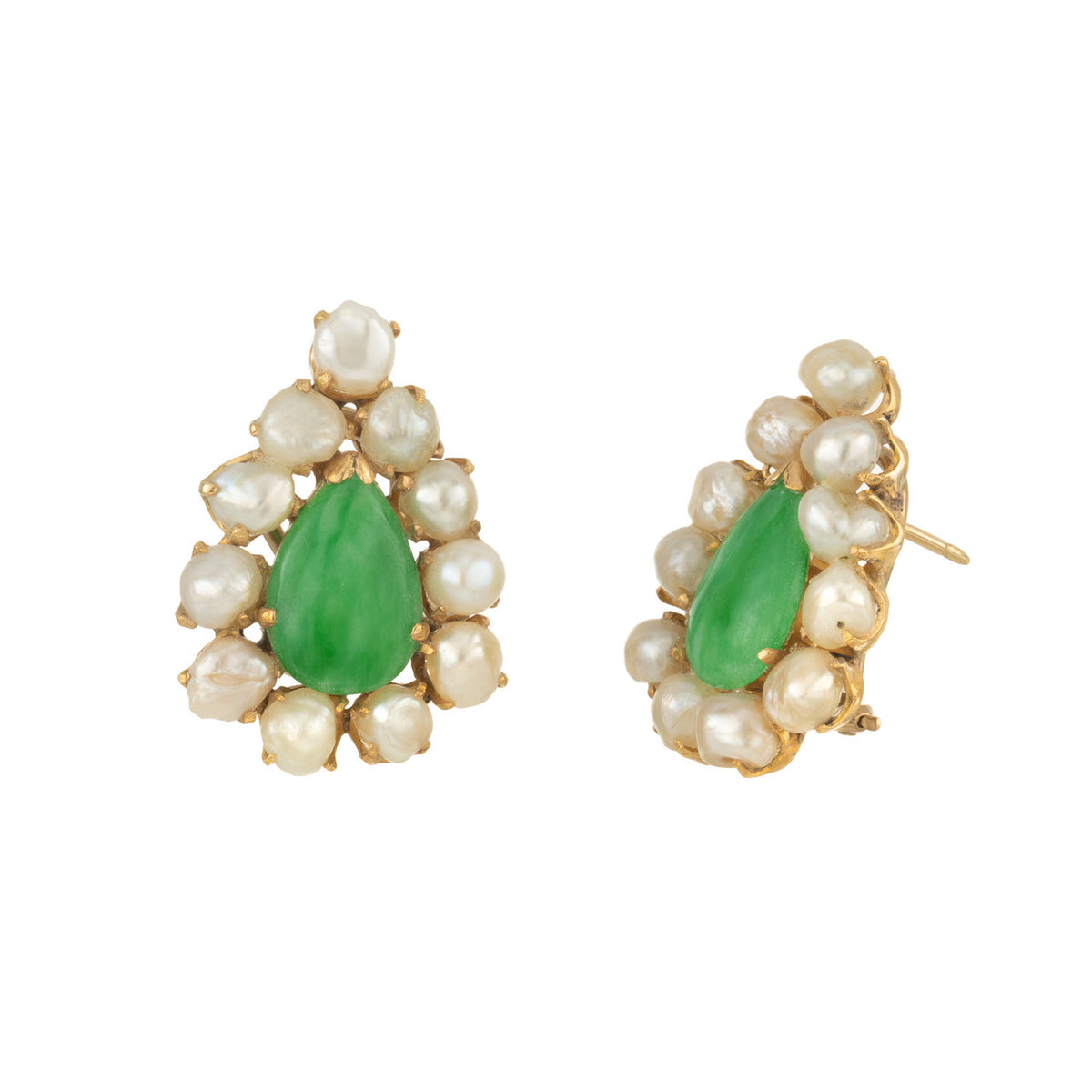 Natural Pear Shaped Jadeite Jade Natural Pearl Gold Clip Post Earrings – image 2