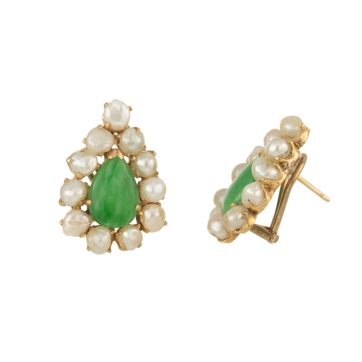 Natural Pear Shaped Jadeite Jade Natural Pearl Gold Clip Post Earrings – image 6