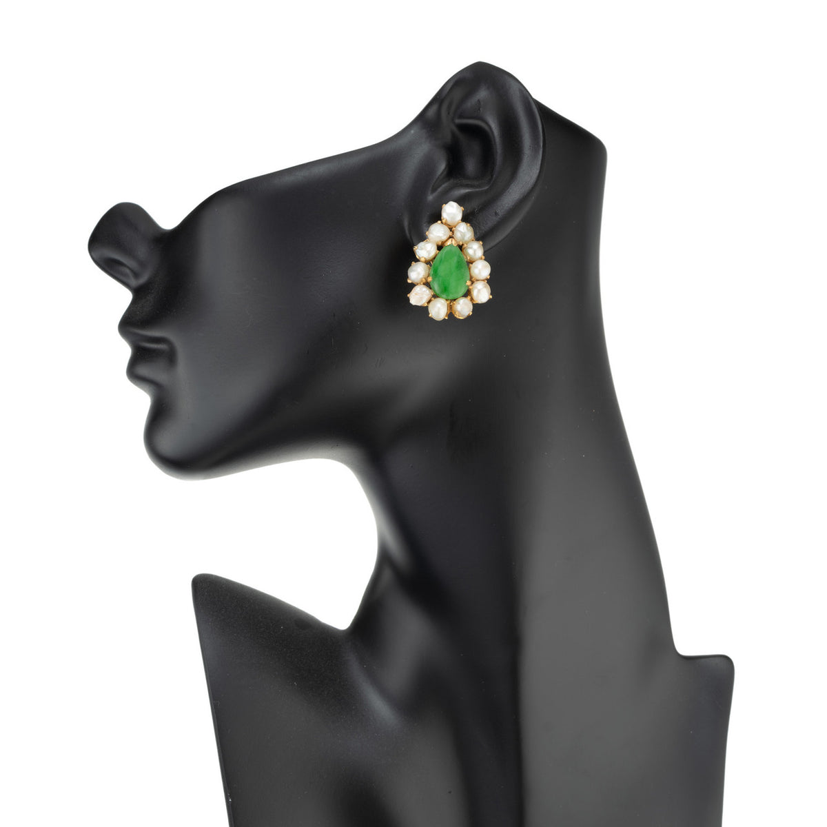 Natural Pear Shaped Jadeite Jade Natural Pearl Gold Clip Post Earrings – image 4