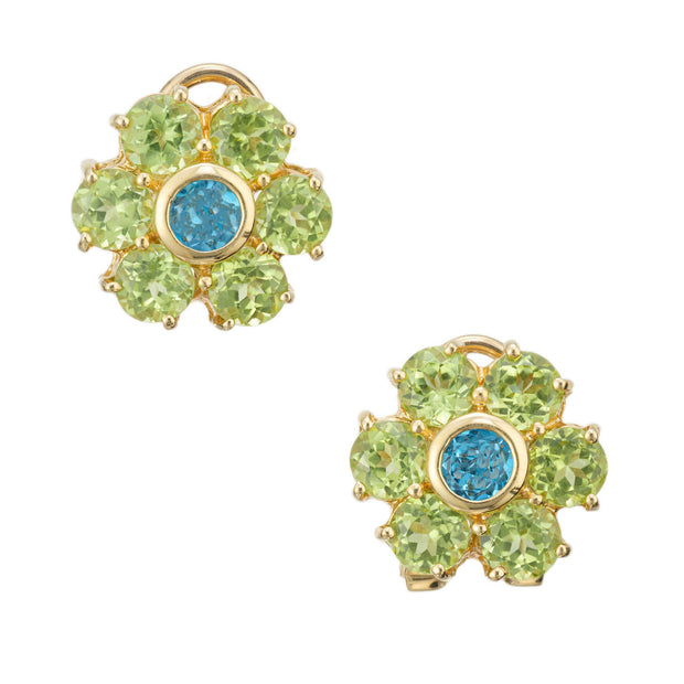 2.25 Carat Peridot Topaz Yellow Gold Cluster Clip Post Earrings