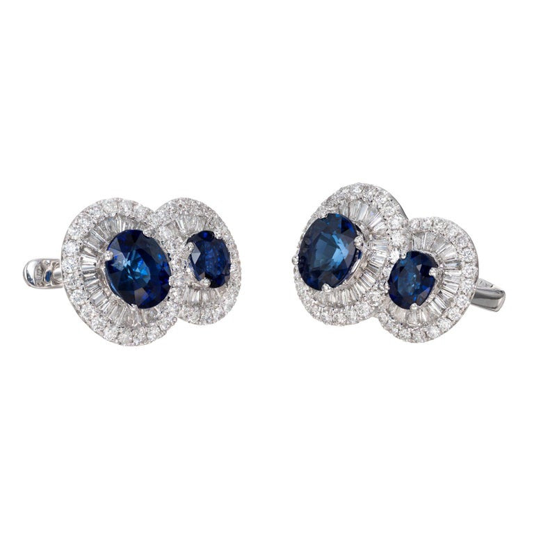 GIA Certified 2.43 Carat Royal Blue Sapphire Diamond Halo Gold Earrings – image 2