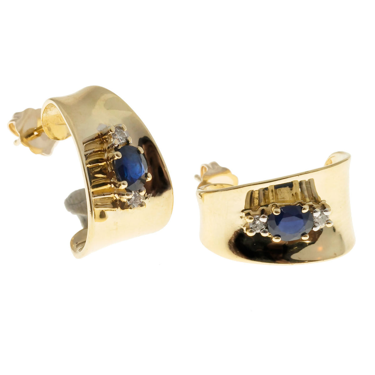 Vintage 3-D Curved 14k 1.20ct Blue Sapphire Diamond Pierced Post Earrings – image 7
