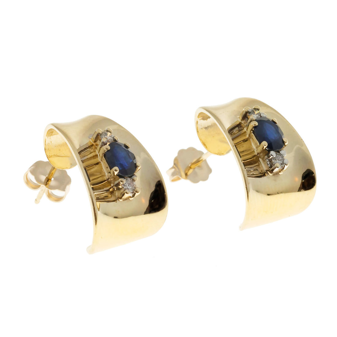 Vintage 3-D Curved 14k 1.20ct Blue Sapphire Diamond Pierced Post Earrings – image 8