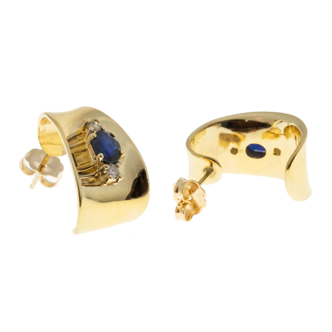 Vintage 3-D Curved 14k 1.20ct Blue Sapphire Diamond Pierced Post Earrings – image 9