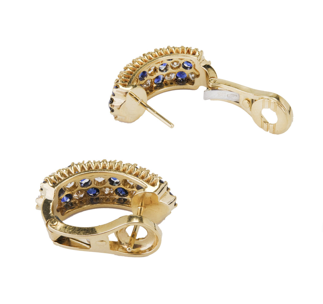 Three-Row Sapphire Diamond Gold Lever Back Hoop Earrings – image 2