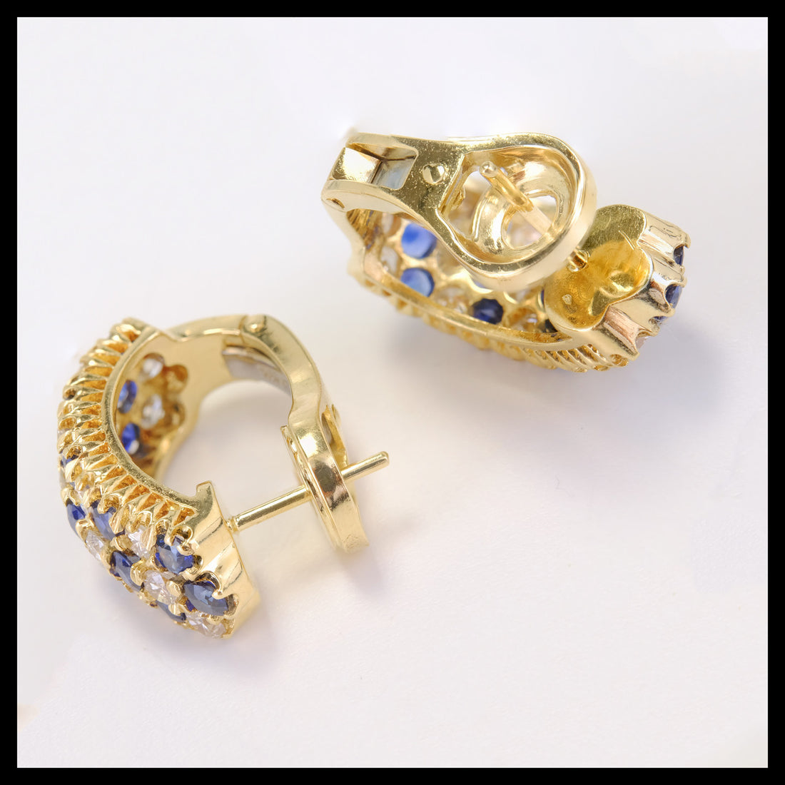 Three-Row Sapphire Diamond Gold Lever Back Hoop Earrings – image 4