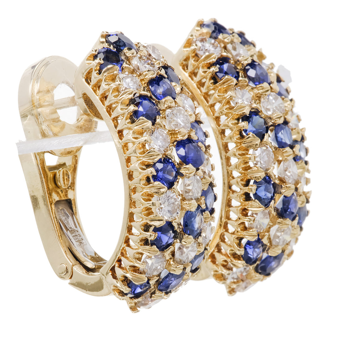 Three-Row Sapphire Diamond Gold Lever Back Hoop Earrings – image 5