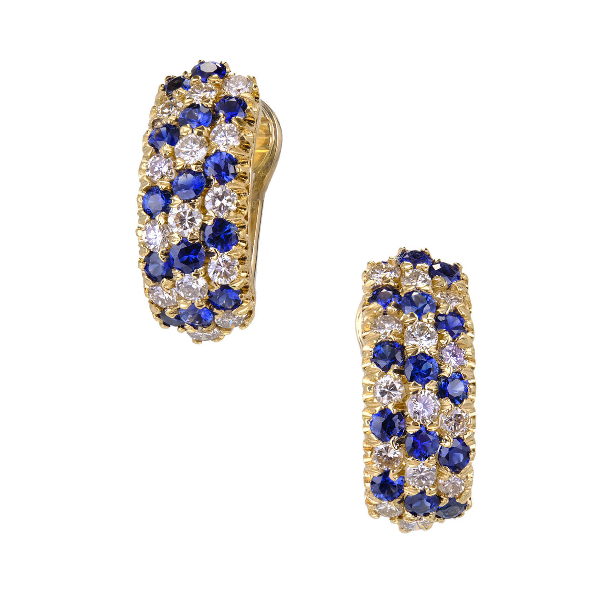 Three-Row Sapphire Diamond Gold Lever Back Hoop Earrings